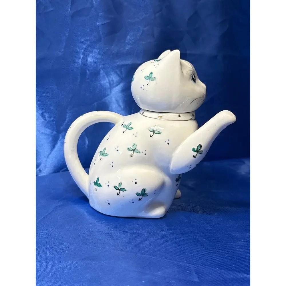 Vintage White Porcelain Cat Teapot Accented with Green Leaf Design
